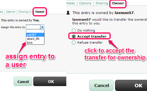 transfer the ownership of an entry