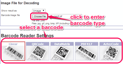 upload a barcode image and select the barcode type