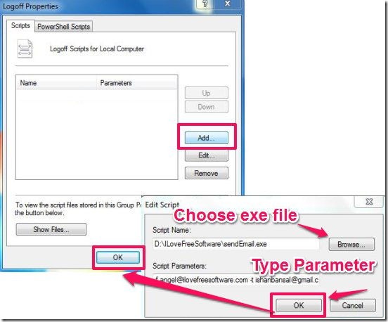 Group Policy editor-add script name and script parameter