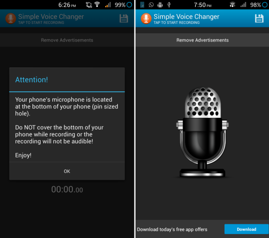 How can add effect to your voice with Simple Voice Changer for Android