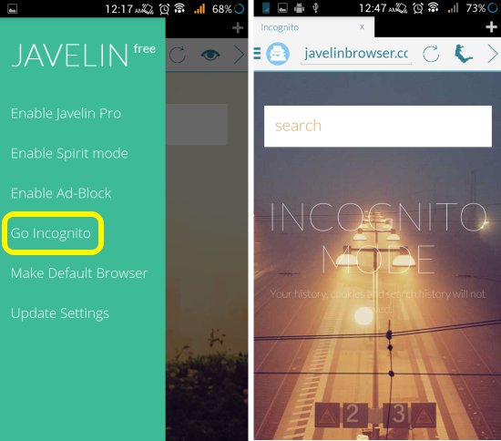 Incognito mode in Javelin Browser for Android