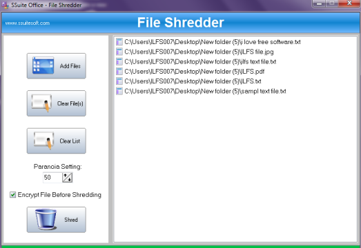 SSuite File Shredder- interface