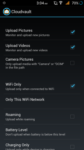 Settings in CloudVault Photo Uploader for Android