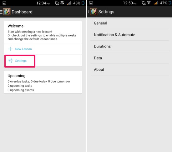 Settings in time table app for Android