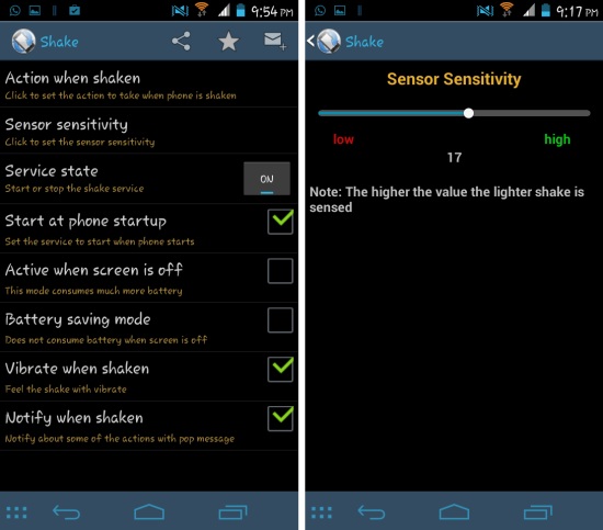 Settings of Shake for Android