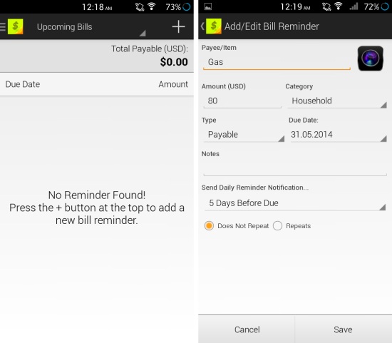 Using Bills Reminder Lite For Android