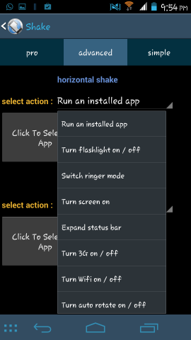 actions in shake for android