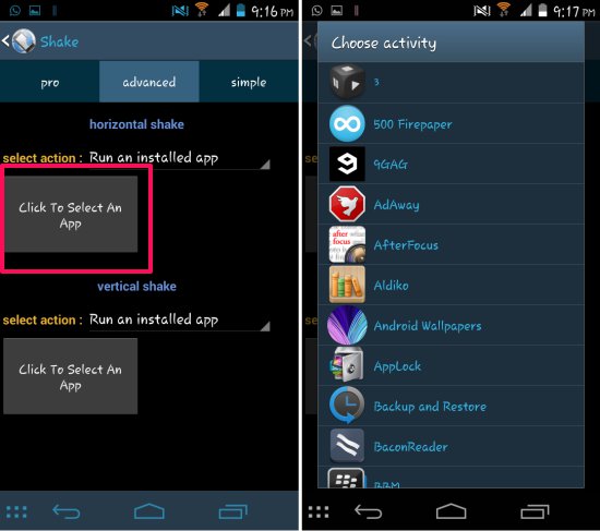 adding apps in shake for android