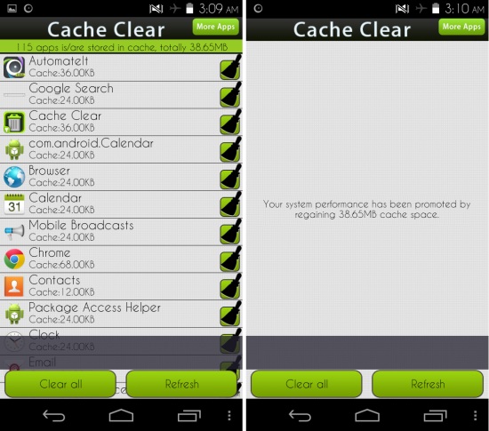 clearing cache with cache cleaner for android