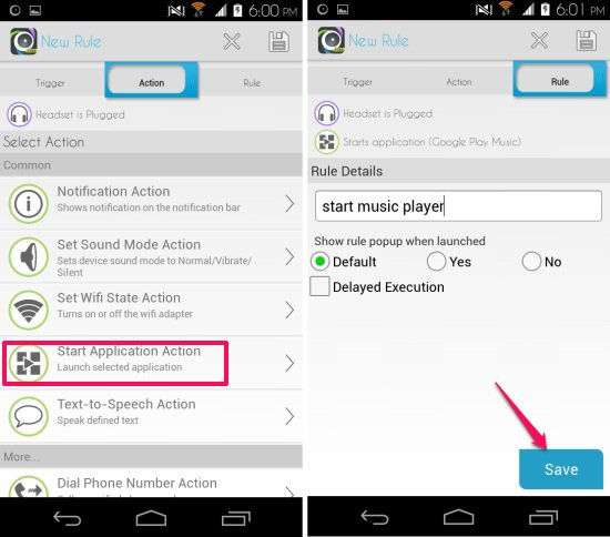 create rule in automateit for android