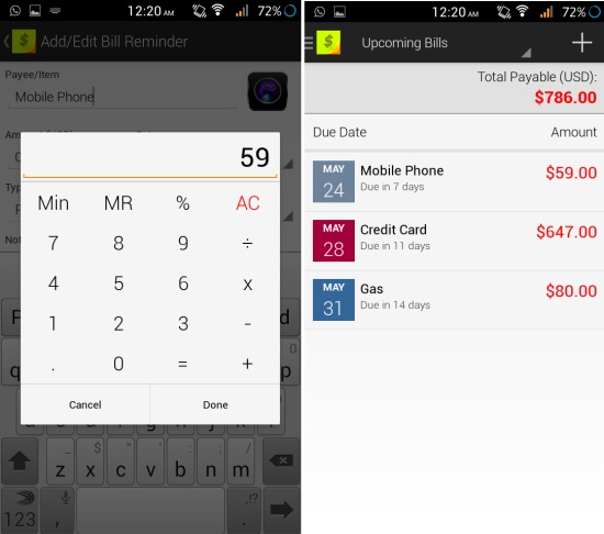 entering bills in bills reminder lite for android