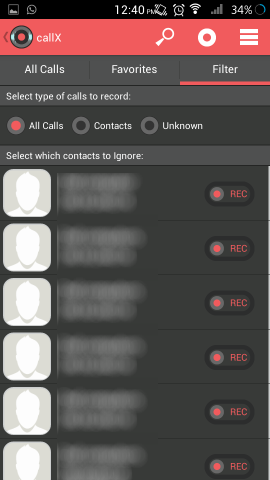 filter in automatic call recorder for android