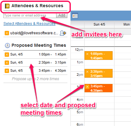 select proposed meeting times and add invitees