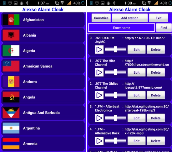 selecting a radio station in radio alarm clock for android