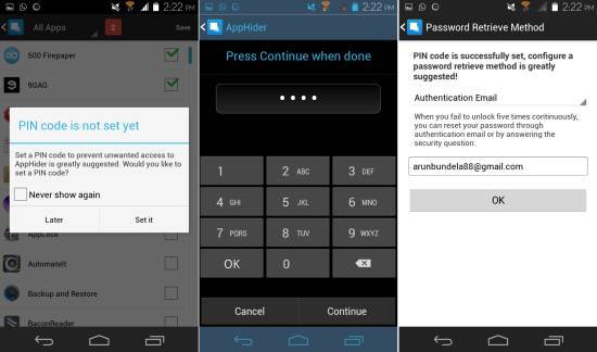 set pin lock in Hide App for Android