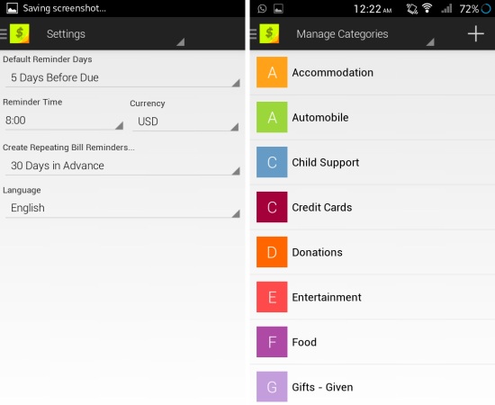 settings in bills reminder for android