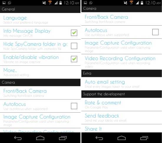 settings in spy camera os for android