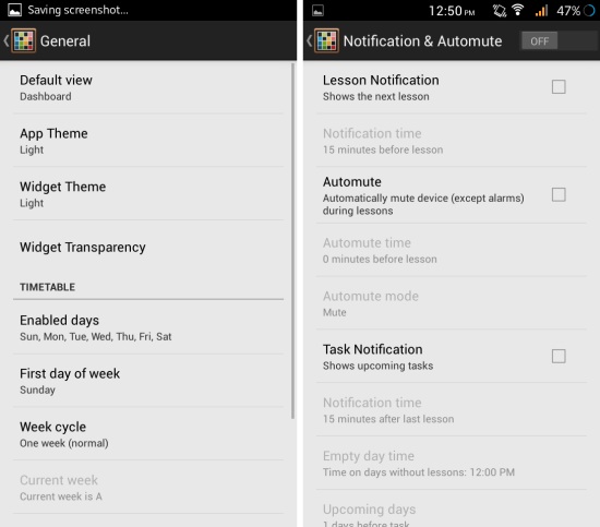 settings in timetable for android