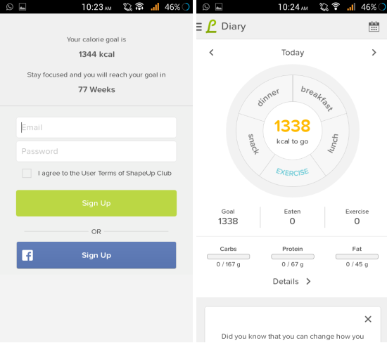 sign up in lifesum calorie counter for android