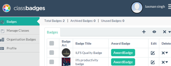 create and award badges to students