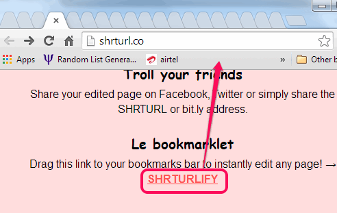 add SHRTURL link to bookmarks bar
