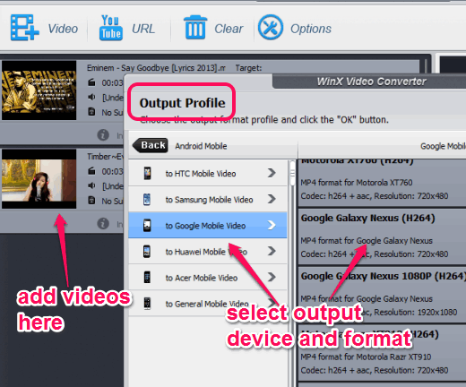 add videos and choose output profile