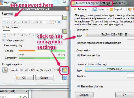 enter encryption password and set encryption settings