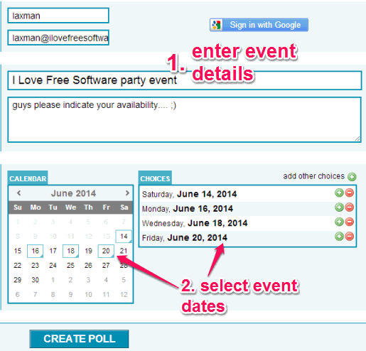 enter event details and select dates