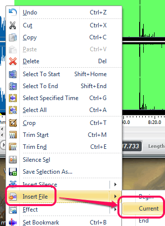 insert another audio file to selected position
