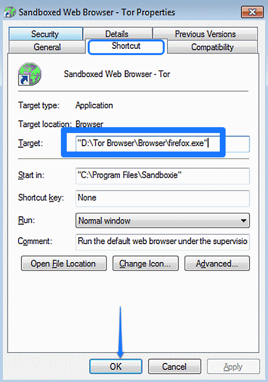 sandboxed tor shortcut specify