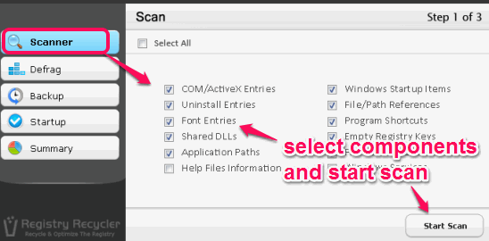 select registry components and start scanning