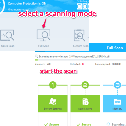 select scanning mode and start scan
