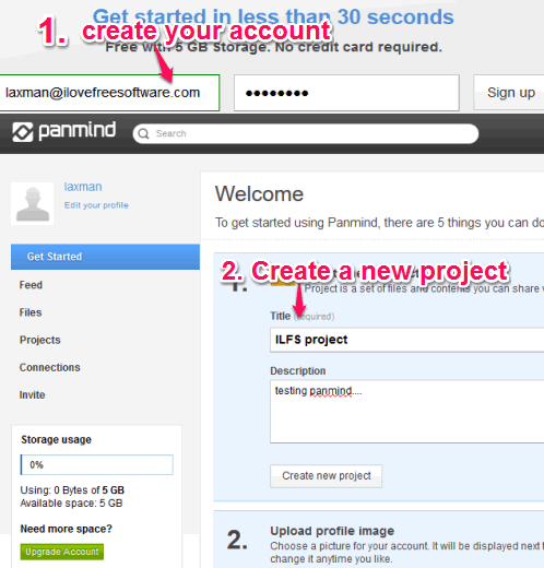 sign up and create project