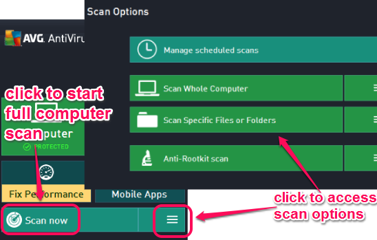 start full scan or access scan options