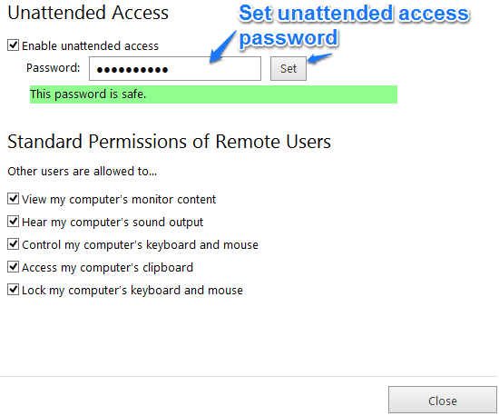 unattended access set password