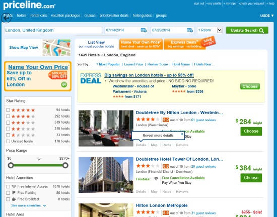 Priceline-Hotel Search Results