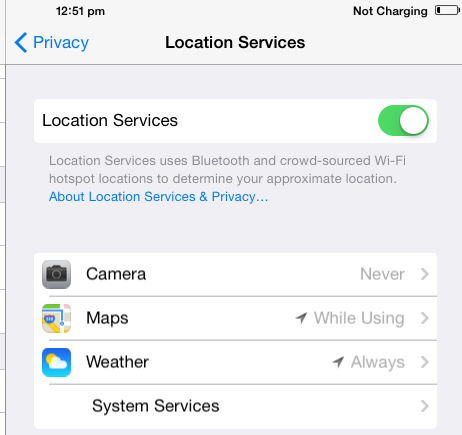 Select App to Disable Location Services in iOS 8