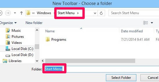 Start Menu-Choose Folder