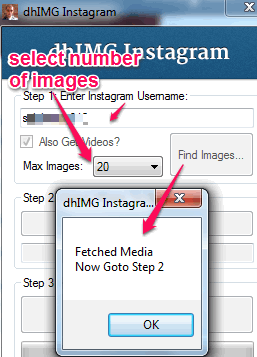 enter Instagram username and number of images