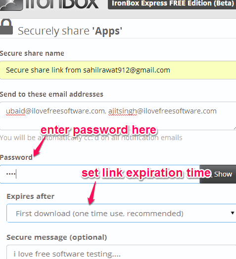 enter password and link expiration time