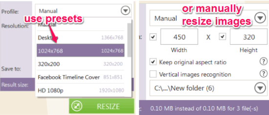 use presets or manually resize images