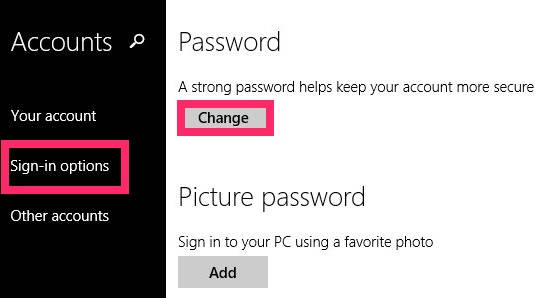 Change Password Windows 8- Change password option