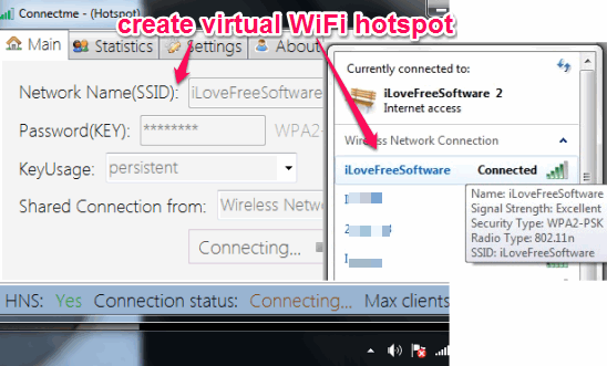 Connectme- (Hotspot)- create virtual WiFi hotspot