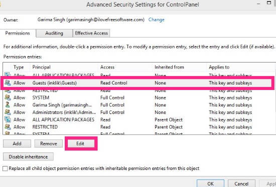 Control Panel-Edit Advanced Permissions