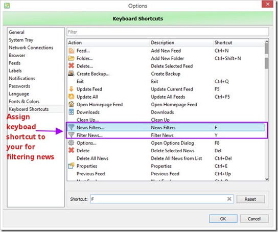 RSS read with filters - keyboard shortcuts