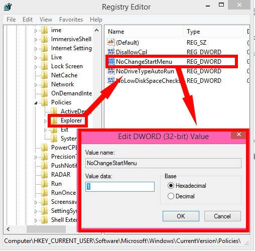Restrict Users From Accessing Tile Context Menu-Registry-Change Value Data