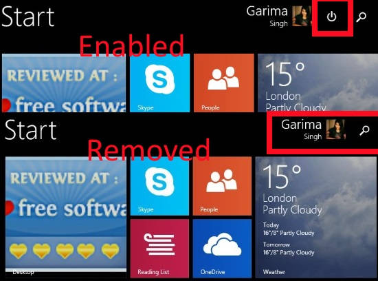 Start Screen-Remove Power button