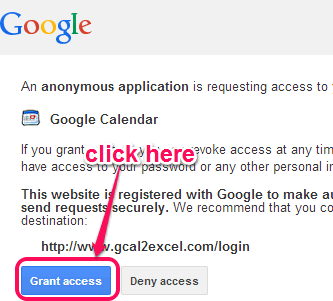 authorize Gcal2Excel to your Google account