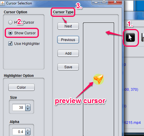 cursor selection window