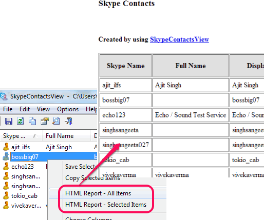 generate contacts HTML report